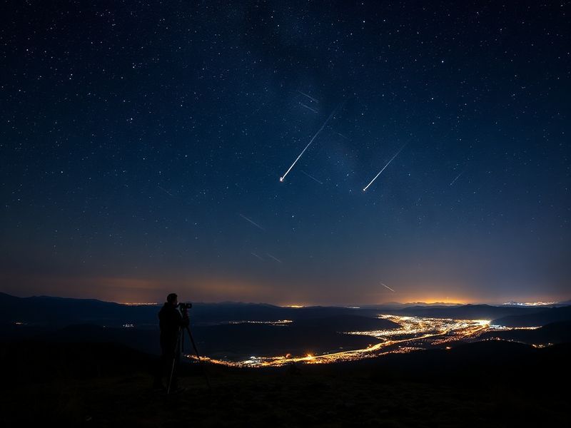 A stunning night sky filled with shooting stars from the Lyrid meteor shower, with a silhouette of a person gazing upwards in