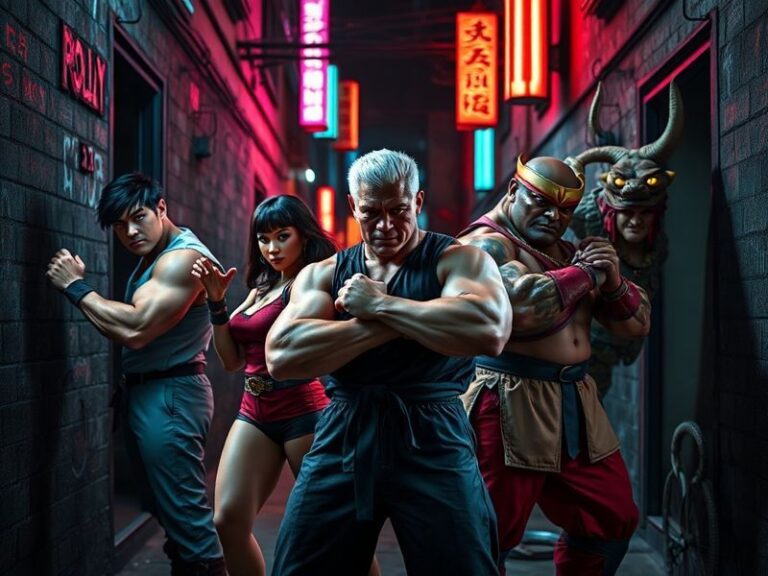 A dynamic side-by-side collage of classic and modern Street Fighter characters in action poses, set against a neon-lit arcade