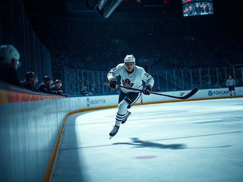 A dynamic action shot of Mitch Marner in a Toronto Maple Leafs jersey during a game at Scotiabank Arena, showcasing his puck-