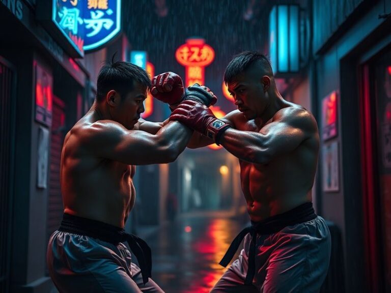 A vibrant arcade scene featuring two players battling on a Street Fighter II arcade cabinet, with neon lights reflecting off