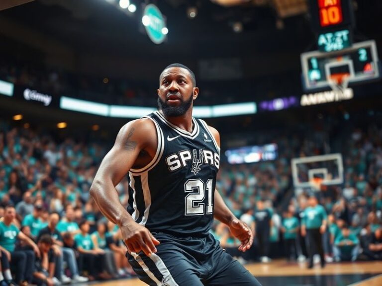 A focused black-and-white photo of Tim Duncan mid-game, wearing his Spurs jersey, intense expression, and the iconic Spurs lo