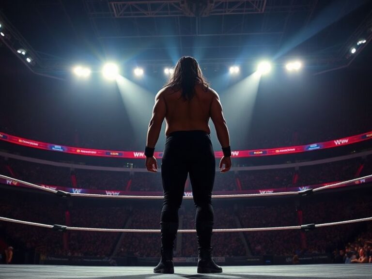 A vibrant action shot of Roman Reigns in his Tribal Chief persona, mid-match, with tribal face paint and championship belt. I