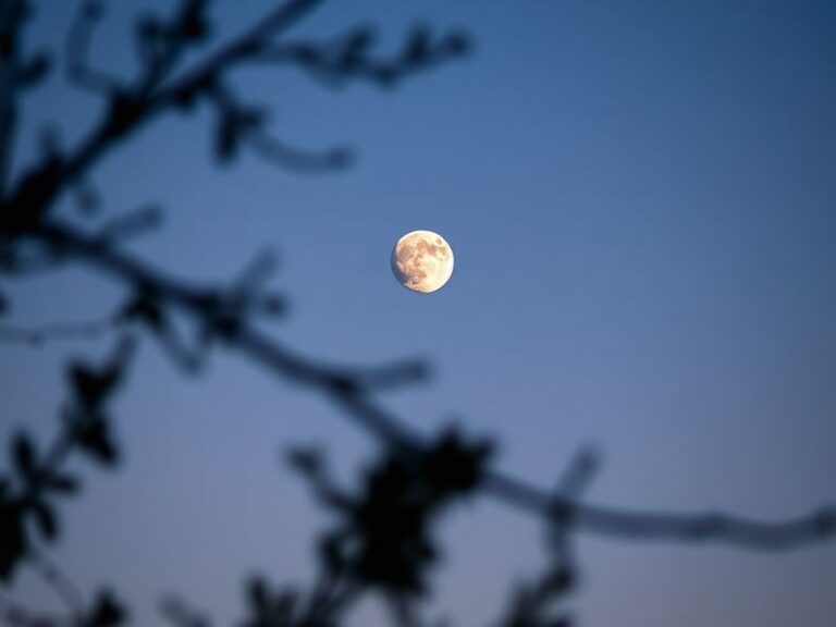 A twilight sky featuring a thin crescent Moon positioned closely above the brilliant planet Venus, with a faint glow of city