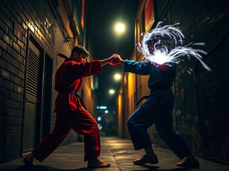 A dynamic scene featuring iconic Street Fighter characters like Ryu and Chun-Li in a vibrant, neon-lit arena with motion blur