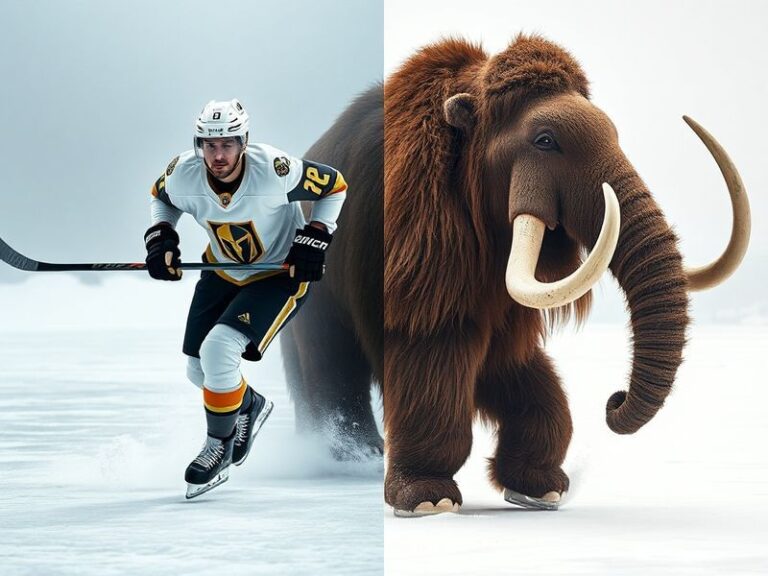 A split-screen image showing a Colorado Mammoth lacrosse player in action at Pepsi Center, juxtaposed with a Vegas Golden Kni