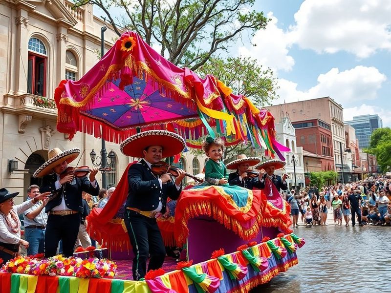 A vibrant nighttime scene of the Fiesta Flambeau Night Parade along San Antonio's River Walk, featuring illuminated floats, m