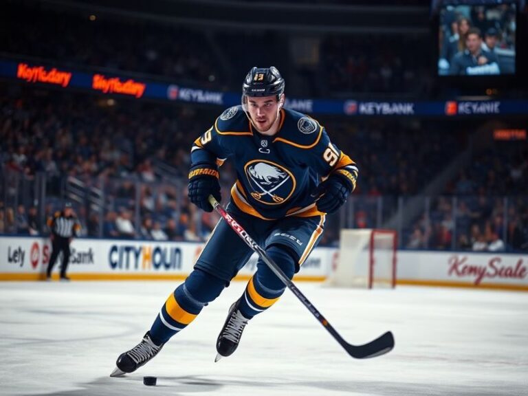 A dynamic action shot of Mattias Samuelsson in a Buffalo Sabres uniform, mid-game, showcasing his defensive positioning and p