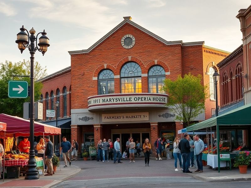 Aerial view of Marysville, WA, showing the downtown area with historic buildings, the Snohomish River, and modern development