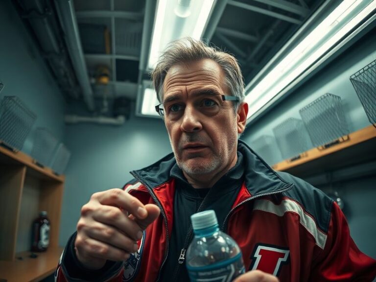 John Tortorella in a dark suit and tie, mid-speech with a focused expression, standing behind a podium with a hockey rink blu