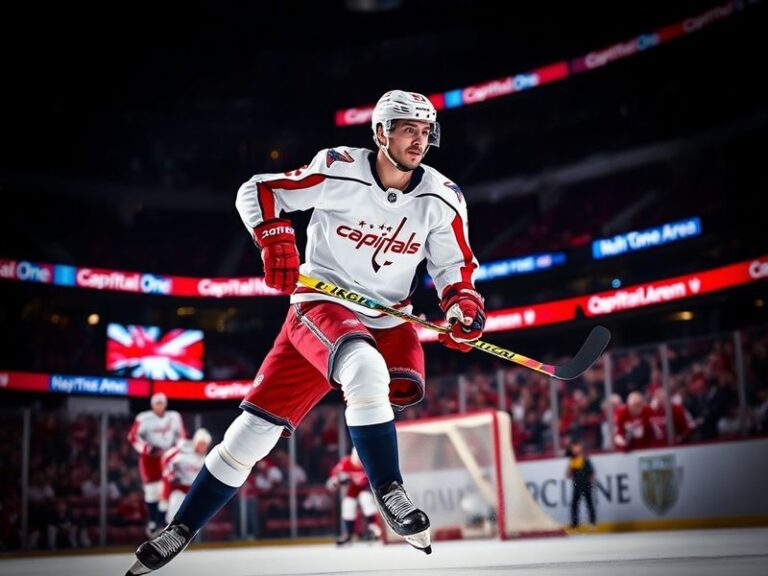 A high-energy action shot of Alex Tuch in a Vegas Golden Knights jersey, skating with intensity on the ice during a game, wit