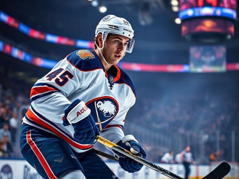 A dynamic action shot of Mattias Samuelsson in a Buffalo Sabres jersey, skating confidently during an NHL game. The backgroun