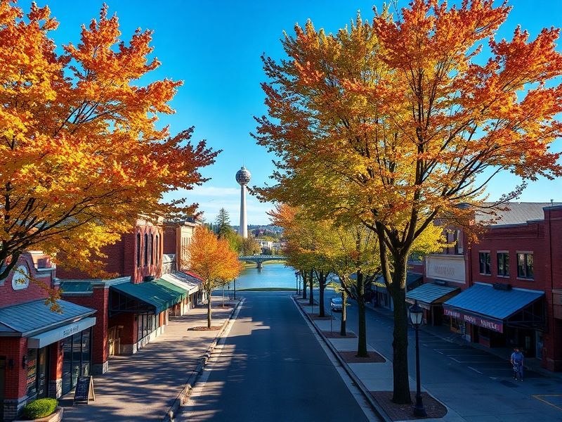 Aerial view of Marysville, Washington, showing a mix of residential neighborhoods, downtown buildings, and green spaces under