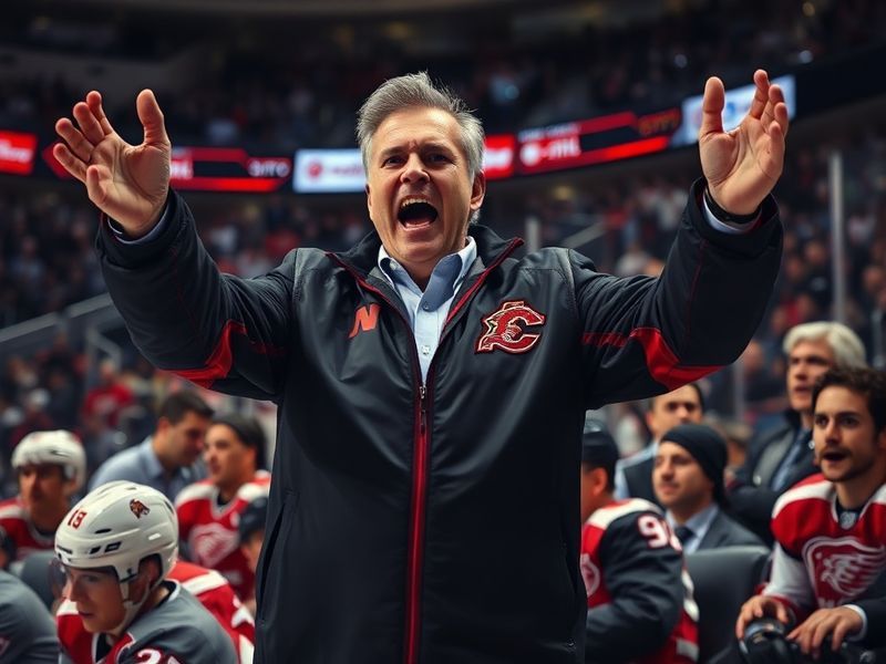 A mid-game shot of John Tortorella in a suit, standing behind the Flyers bench with intense focus, players blurred in motion
