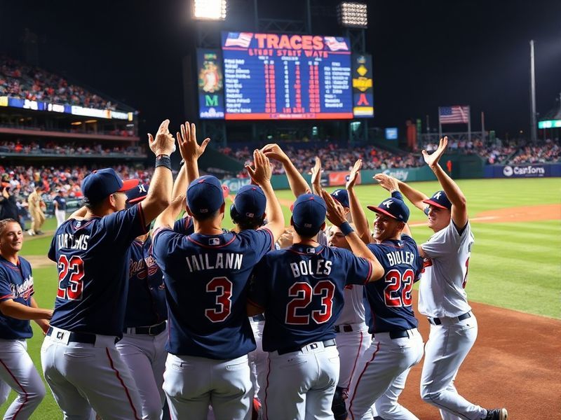 A wide-angle shot of Truist Park during a Braves home game, with the scoreboard displaying current standings in the NL East.