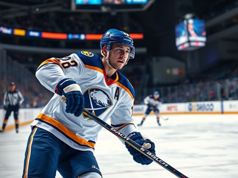 A dynamic action shot of Alex Tuch in a Buffalo Sabres jersey, battling for the puck against an opponent in a high-intensity