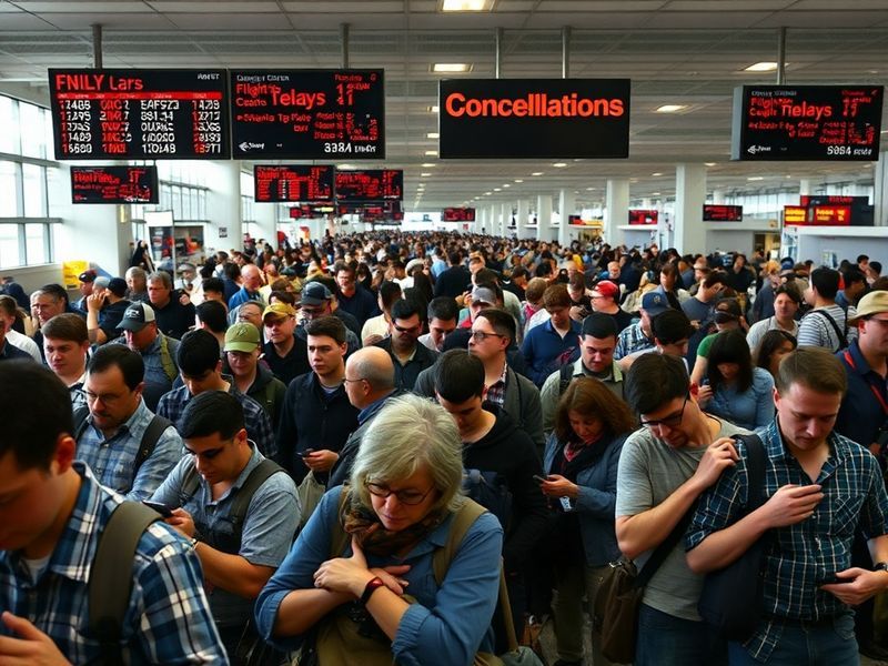 A crowded airport terminal with passengers waiting at gates, some looking frustrated while checking flight boards. The scene