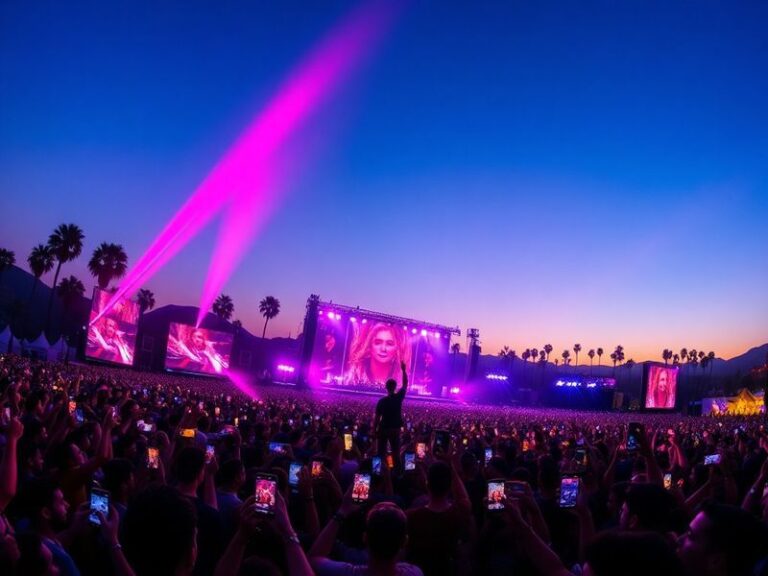 A vibrant concert photo of Karol G in a neon green cowboy hat performing on the Coachella stage, with a massive LED screen ba