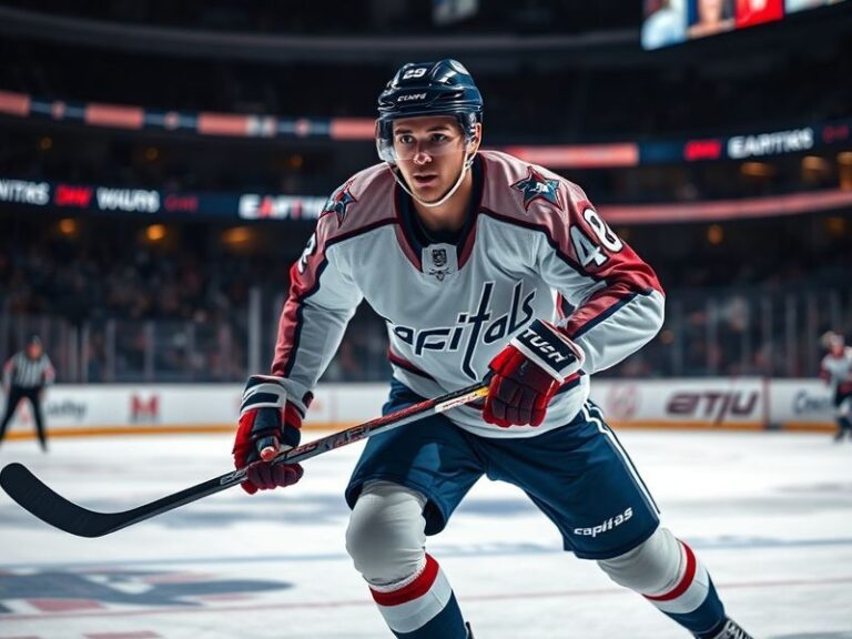 A focused action shot of Alex Tuch in a Colorado Avalanche uniform, mid-stride on the ice with a determined expression, surro