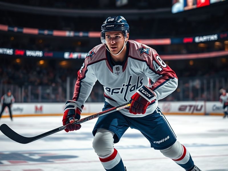 A focused action shot of Alex Tuch in a Colorado Avalanche uniform, mid-stride on the ice with a determined expression, surro