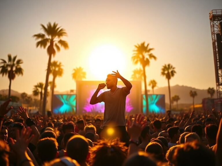 A vibrant stage shot of Young Thug performing at Coachella, wearing a metallic reflective outfit with holographic lighting ef