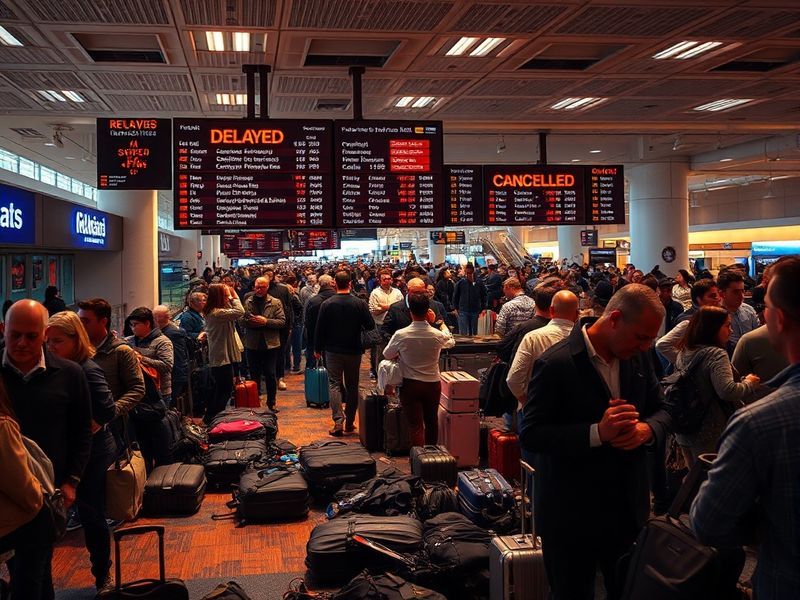 A crowded airport terminal with delayed flight boards, travelers checking phones, and luggage piled up near customer service