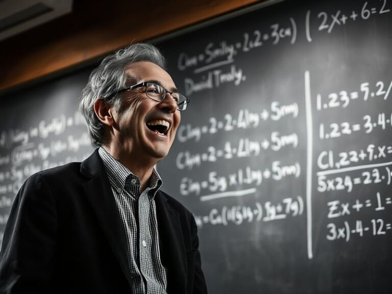 A formal portrait of David Gross in a lecture hall, speaking at a chalkboard filled with complex physics equations. He is wea