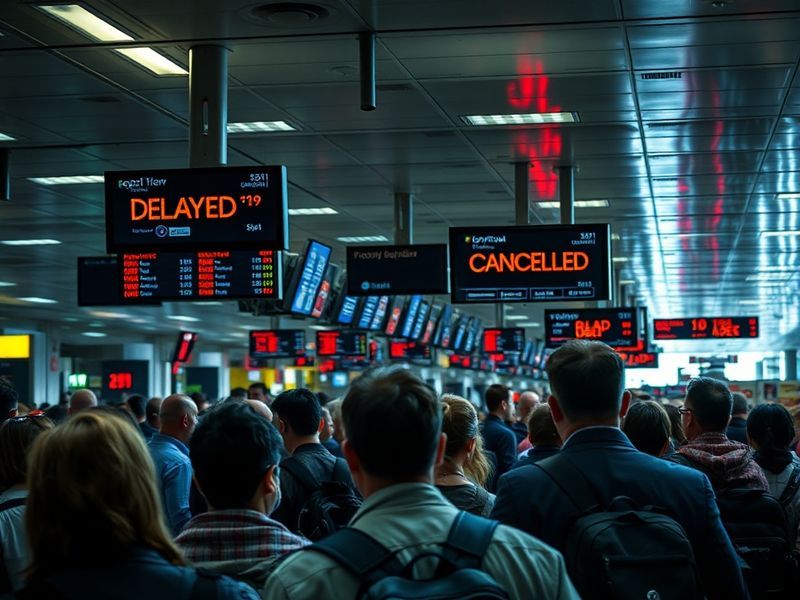 A busy U.S. airport terminal with delayed flight announcements on screens, passengers checking phones for updates, and planes