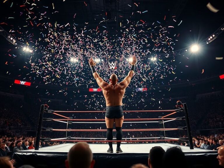 A dynamic WWE ring shot during a high-energy match, with bright lights, pyrotechnics, and a packed arena, capturing the inten