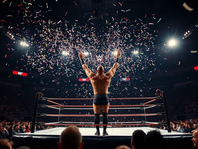 A dynamic WWE ring shot during a high-energy match, with bright lights, pyrotechnics, and a packed arena, capturing the inten