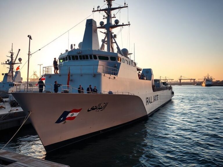 Aerial view of the MV Saviz, an Iranian-flagged vessel, navigating through the Red Sea with military equipment visible on dec