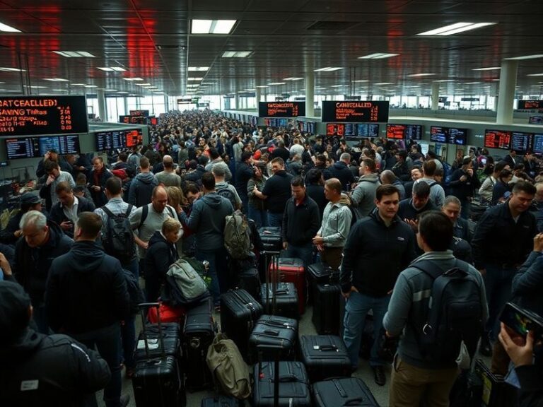 A busy airport terminal with passengers waiting at gates, some looking stressed while checking flight status on monitors. Ove