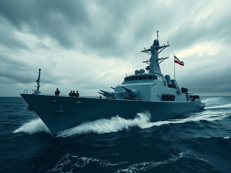 A tense scene at sea: a large Iranian-flagged cargo ship with naval vessels nearby under a dramatic sky, conveying conflict a