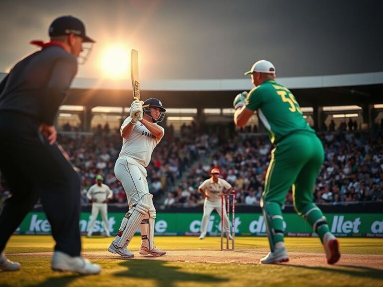 A vibrant cricket stadium with players celebrating a wicket. The focus is on the bowler from New Zealand and the batsman from