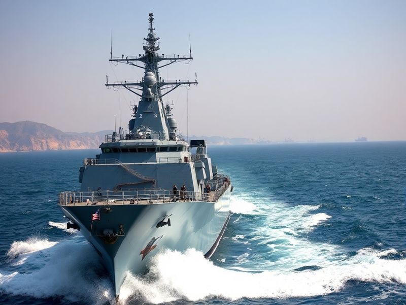 Aerial view of the MV Saviz anchored off the Eritrean coast at dusk, with faint satellite dishes and antennas visible on deck