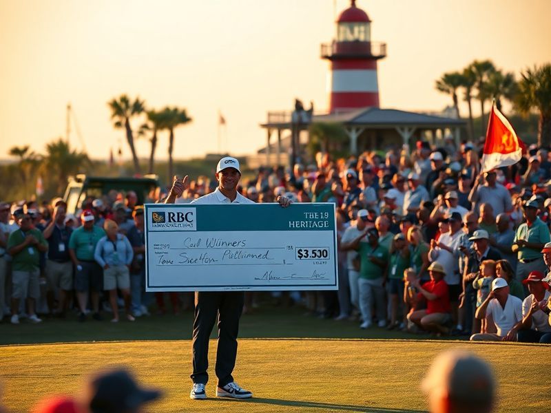 A panoramic view of Harbour Town Golf Links during the RBC Heritage, showing players on the 18th green under a clear blue sky