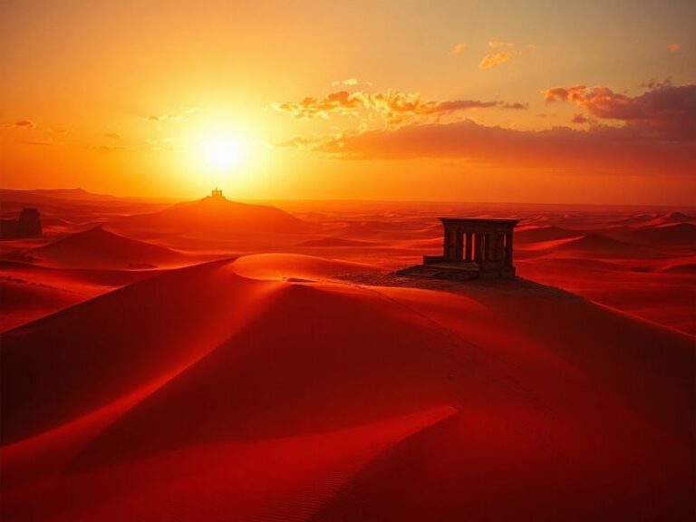 A cinematic shot of the Crimson Desert game world at sunset, featuring a lone warrior on horseback silhouetted against crimso