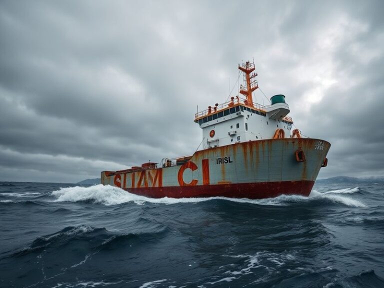 A high-resolution image of the Iranian ship Behshad in open waters, surrounded by military and commercial vessels. The ship i
