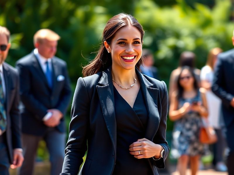A composed portrait of Meghan, Duchess of Sussex, dressed in elegant attire, standing in a sunlit modern interior, conveying