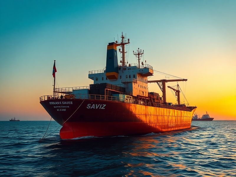 A cargo ship with Iranian markings sailing through the Strait of Hormuz, surrounded by naval vessels and surveillance aircraf