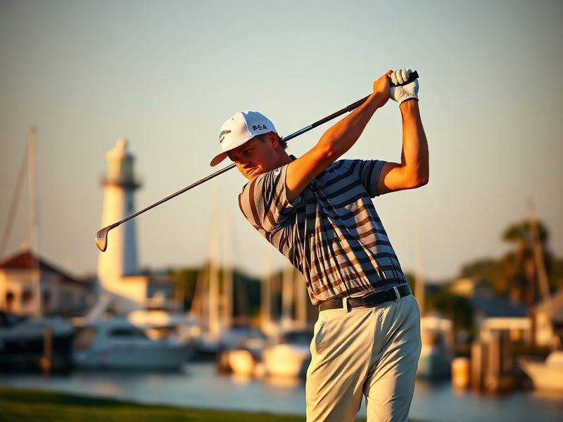 A panoramic view of Harbour Town Golf Links during the RBC Heritage, showing the iconic lighthouse, undulating greens, and a