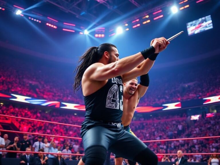 A vibrant shot of Roman Reigns raising the WWE Championship at WrestleMania 42, with the AT&T Stadium crowd in the background