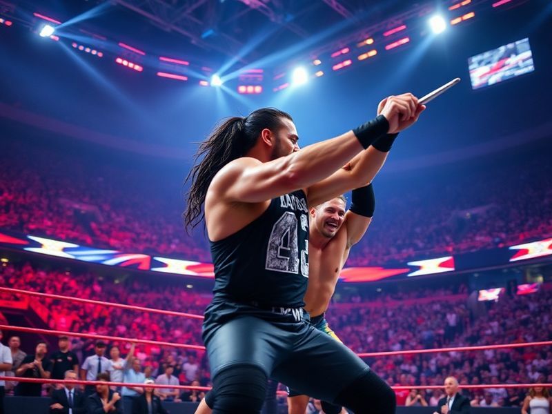 A vibrant shot of Roman Reigns raising the WWE Championship at WrestleMania 42, with the AT&T Stadium crowd in the background