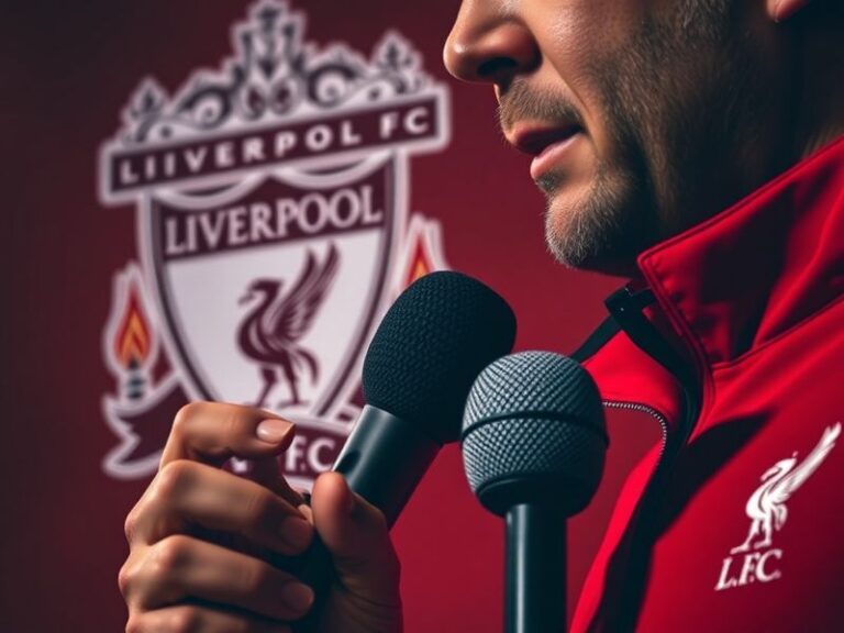 A split-image visual: on the left, Fabrizio Romano in a press conference setting, holding a microphone; on the right, Liverpo