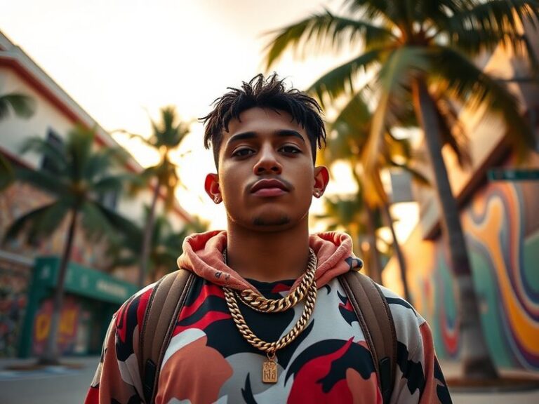 A vibrant concert photo of Ryan Castro performing on stage, bathed in colorful stage lights, with a diverse audience in the b