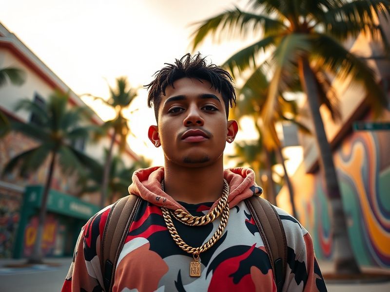 A vibrant concert photo of Ryan Castro performing on stage, bathed in colorful stage lights, with a diverse audience in the b