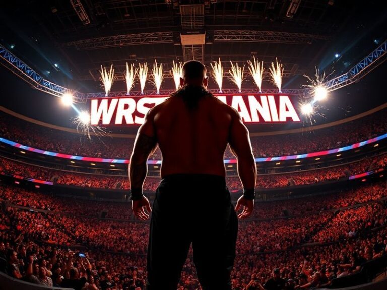 Roman Reigns stands victorious in the center of AT&T Stadium at WrestleMania 42, holding the WWE Championship aloft as the cr