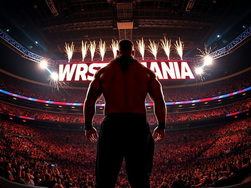 Roman Reigns stands victorious in the center of AT&T Stadium at WrestleMania 42, holding the WWE Championship aloft as the cr