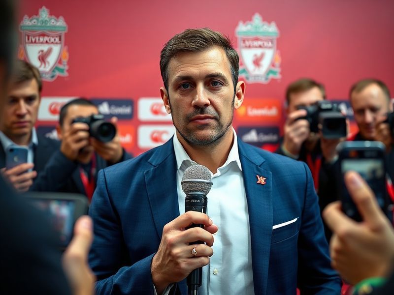 A dynamic image of Fabrizio Romano in a press conference setting, surrounded by Liverpool FC logos and transfer-related graph