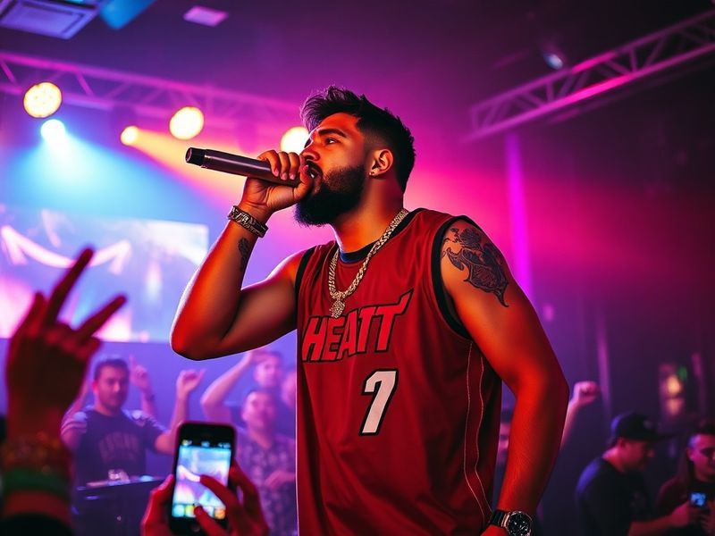 A vibrant concert scene featuring Ryan Castro performing on stage, bathed in colorful stage lights, with a diverse crowd of f