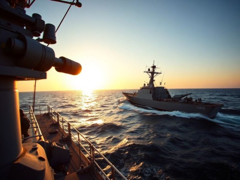 A U.S. Navy guided-missile destroyer at sea with a helicopter in flight, while a boarding team fast-ropes onto a vessel in th